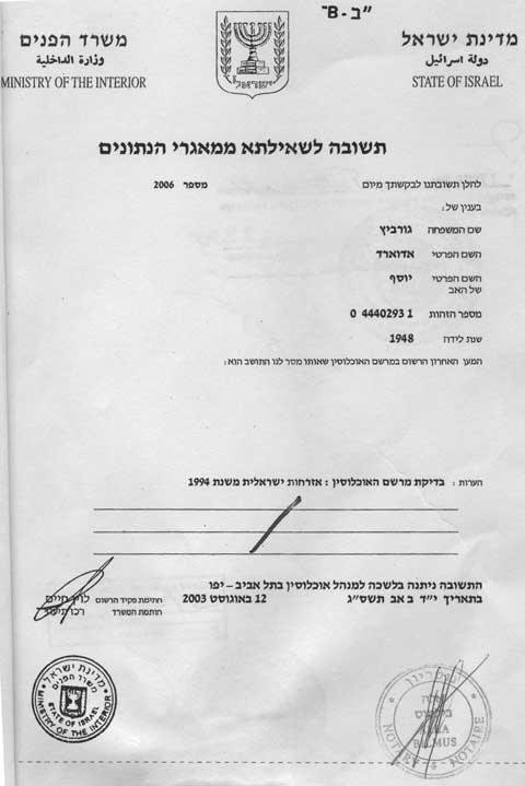 Документы, подтверждающие Израильское гражданство Э.Гурвица - Одесский Политикум